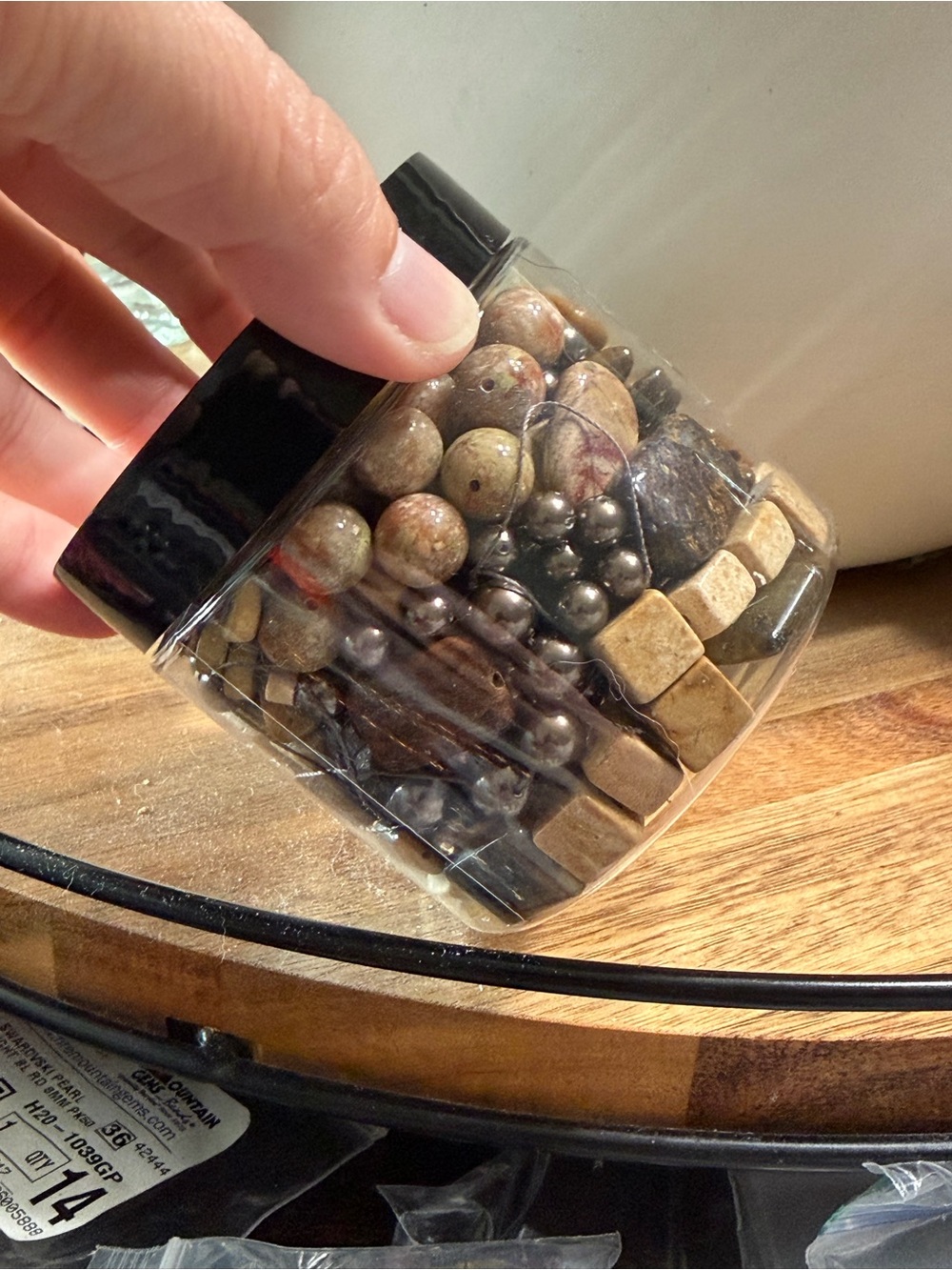 Mixed Natural Stone and Wood-Look Bead Jar - Brown